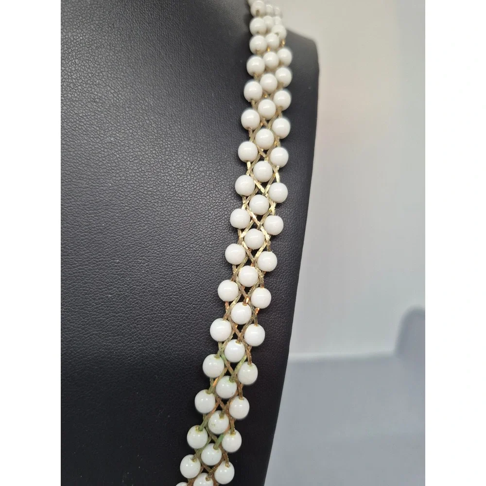 Vintage Woven Milk White Bead Necklace Woman Gold Tone Triple Strand Mesh Chain